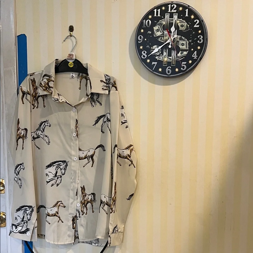 #1078+ Women Horse Print Shirt - Button Down Shirt (color Cream ) - Picture 3 of 6